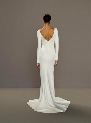 Seraphine silk cady column wedding dress with long sleeves and a bateau neckline