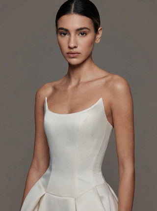 Vivienne duchess satin ballgown wedding dress with a strapless scoop neckline and a boned bodice