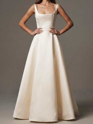 Welbeck duchess satin wedding dress with a square open back and wide straps