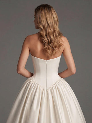 Made-to-measure Stirling ballgown in duchess satin with a strapless sweetheart neckline and a cathedral train
