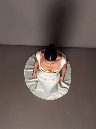 Made-to-measure Thea column in silk satin with a sweetheart cowl and an open back
