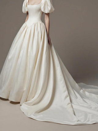 Blanche duchess satin wedding dress with a square neck and a basque waist