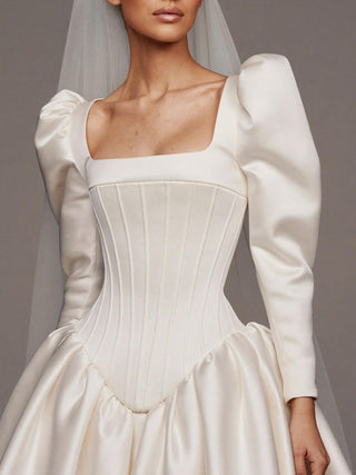 The Medici duchess satin ballgown with long puff sleeves, square neck, and cathedral train, made-to-measure by Sylk Atelier