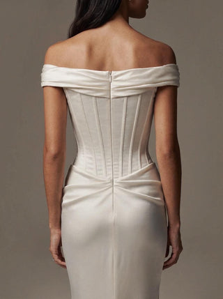 Constance silk satin wedding dress with a corset bodice and a draped hip