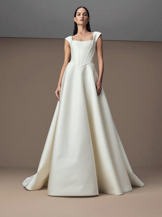 Rosalind duchess satin ballgown wedding dress with a square neck and a visible corset bodice