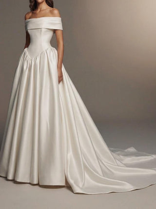 Ottoline silk mikado wedding dress with a pointed waist and a cathedral train