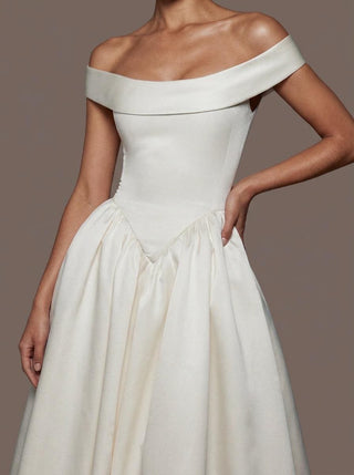 Stratford mikado ballgown wedding dress with a portrait collar and a basque waist