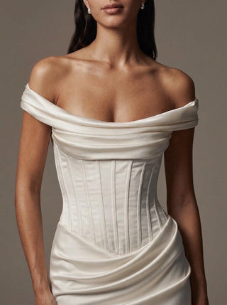 The Constance silk satin off shoulder column wedding dress with draped collar and sweep train, made-to-measure by Sylk Atelier