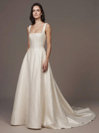 Alnwick silk faille wedding dress with wide straps and a pleated skirt