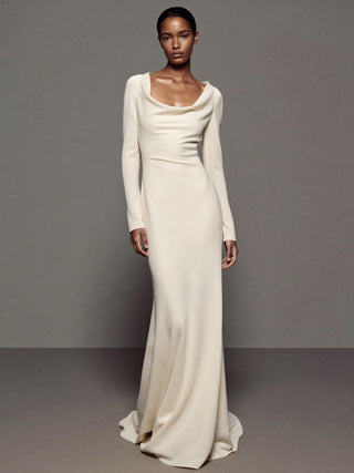 The Sirène crepe de chine bias column wedding dress with cowl neck and long sleeves, made-to-measure by Sylk Atelier