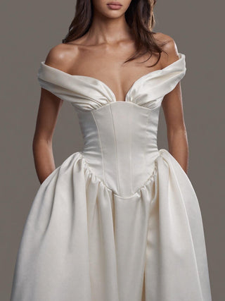 The Fontaine off shoulder duchess satin ballgown with deep sweetheart neckline, made-to-measure wedding dress by Sylk Atelier
