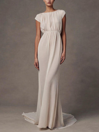 The Lyra silk chiffon Grecian column wedding dress with bateau neck and ruched bodice, made-to-measure by Sylk Atelier