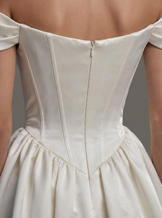 Fontaine duchess satin ballgown wedding dress with an off-shoulder folded collar and a corset bodice