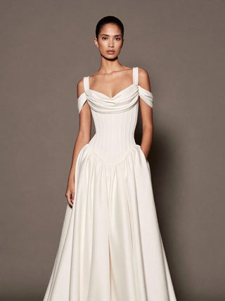The Isolde silk mikado gathered ballgown with off-shoulder cowl neck and cathedral train, made-to-measure by Sylk Atelier