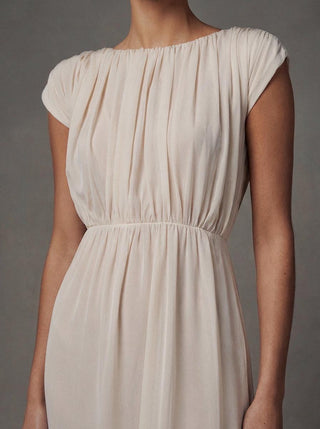 Made-to-measure Lyra column in silk chiffon with a ruched Grecian bodice and cap sleeves