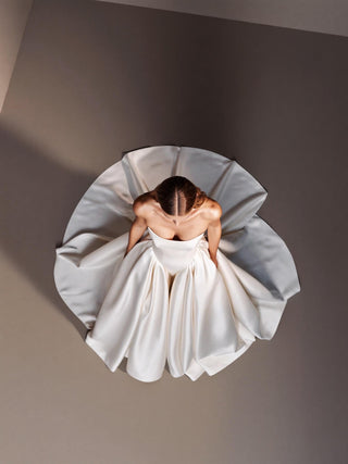 Made-to-measure Linnet ballgown in duchess satin with a strapless sweetheart neckline and a dropped basque waist
