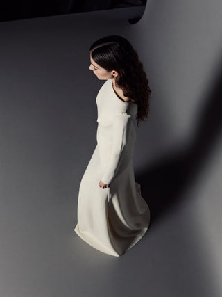 Ashcombe silk cady fit-and-flare wedding dress with a bateau neck and a fitted skirt