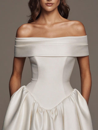 The Ottoline silk mikado portrait collar ballgown with pointed waist and cathedral train, made-to-measure by Sylk Atelier