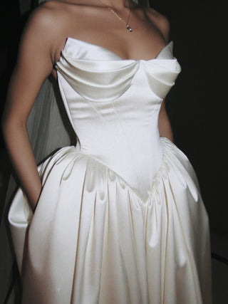 Made-to-measure Sandringham ball gown in duchess satin with a draped sweetheart neckline and basque waist