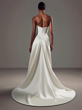 Celestine duchess satin A-line wedding dress with a strapless scoop neckline and a visible corset