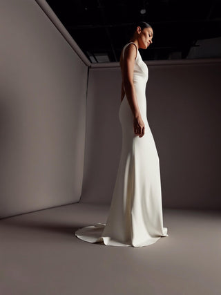 Holker silk crepe fit-and-flare wedding dress with a square neck and cap sleeves