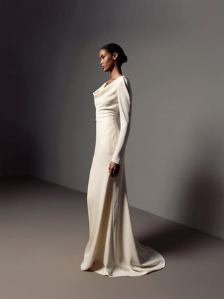 Made-to-measure Sirène column in crepe de chine with a cowl neck and a draped cowl back
