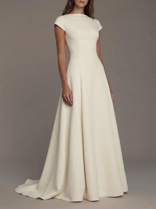 Bronte stretch crepe A-line wedding dress with a bateau neckline and cap sleeves