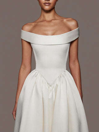 Made-to-measure Stratford ballgown in mikado with a portrait collar and covered buttons