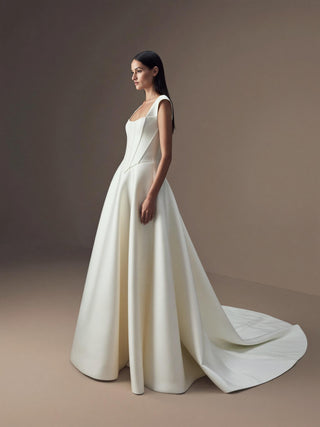 Made-to-measure Rosalind ballgown in duchess satin with a square neck and a full skirt