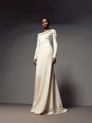 Sirène crepe de chine column wedding dress with a cowl neck and long sleeves