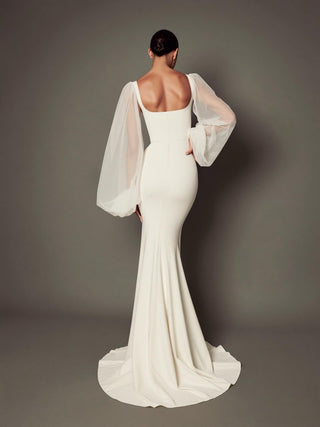 Primrose stretch crepe wedding dress with a square neck and a high front slit