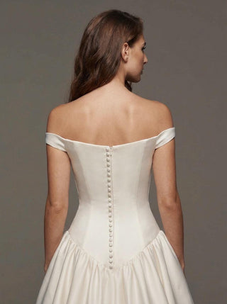 Cavendish silk mikado wedding dress with a covered button back and a cathedral train